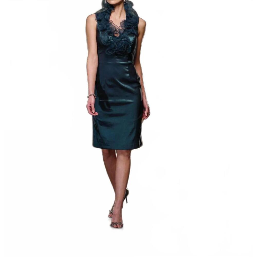 NEW MON CHERI ruffled neckline sheath dress in dark teal